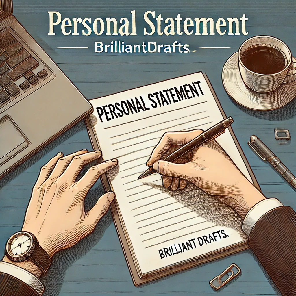 A professional notepad with 'Personal Statement' written on it, a laptop, and a hand writing with a pen—representing how to write a good personal statement for a job application. The website 'brilliantdrafts.com' is also displayed.