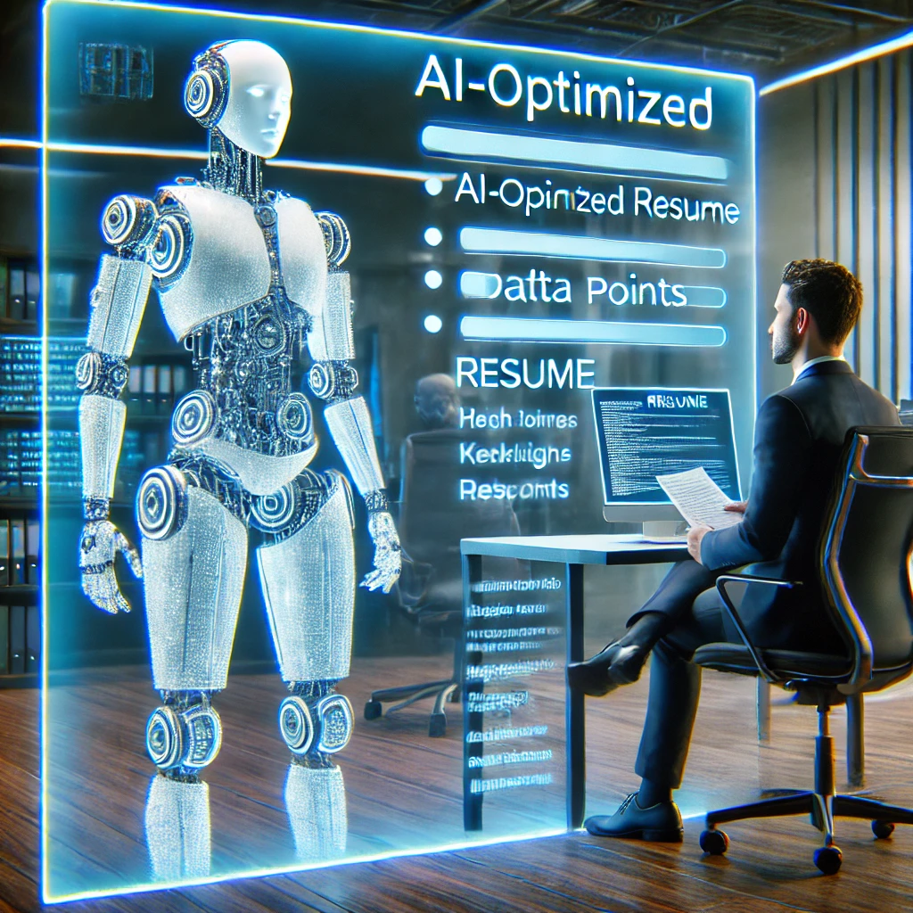 A futuristic job interview scene where a candidate presents a well-optimized resume, representing the best strategies for how to write a resume that crushes the 2025 job market