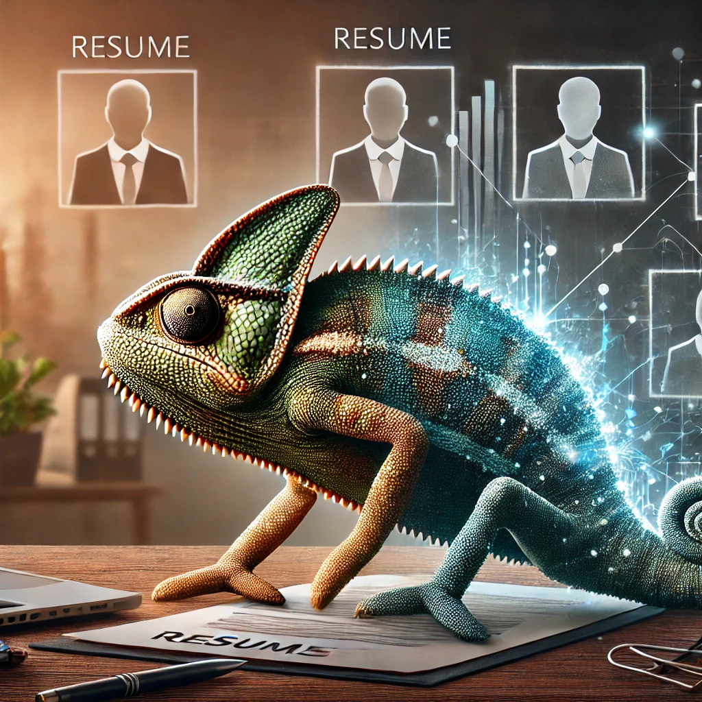 A chameleon blending into different backgrounds, symbolizing how a well-tailored resume adapts to different job applications in 2025.