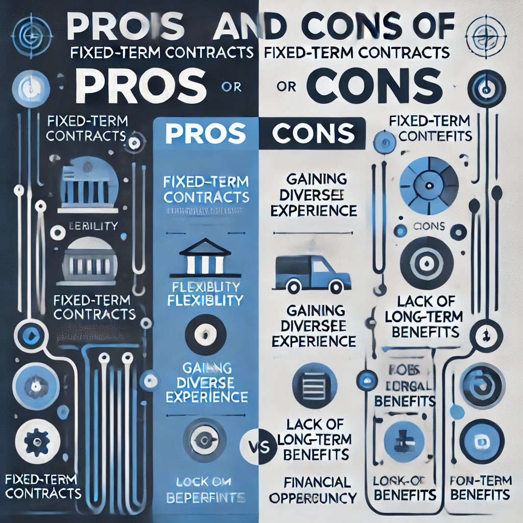Infographic comparing the pros and cons of fixed-term contracts, highlighting job flexibility, career growth, job insecurity, and financial stability.