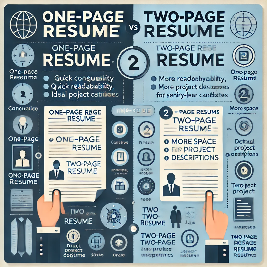 One-Page vs. Two-Page Resume comparison infographic showing key differences, benefits, and best use cases for job seekers in 2025.