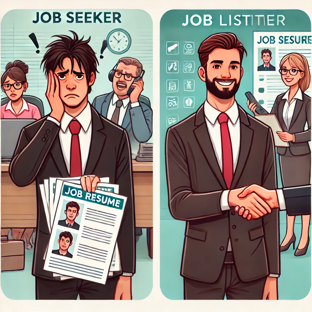 Frustrated job seeker with a bad resume being ignored by recruiters, compared to a confident applicant with a great resume shaking hands with a hiring manager. Illustrates the hidden cost of a bad resume vs. a great one.
