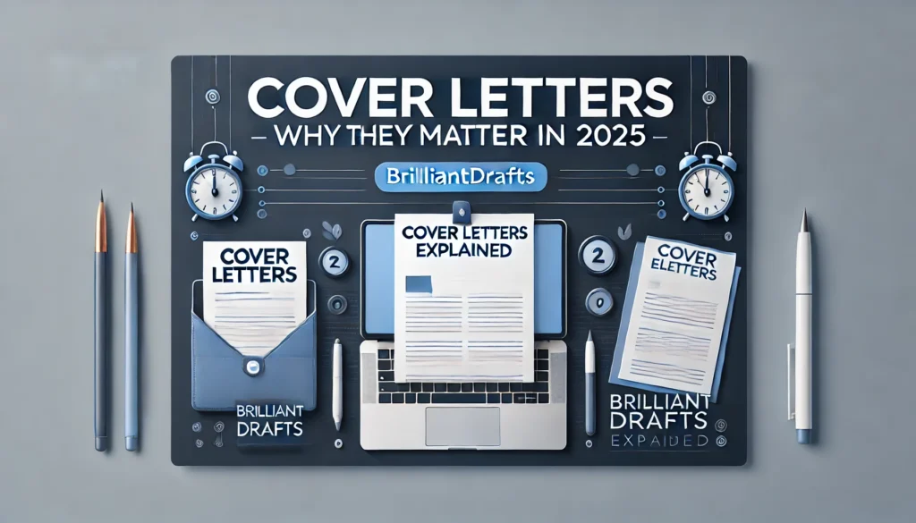 Cover Letters Explained: Why They Matter in 2025 – A professional blog banner by BrilliantDrafts featuring a modern office setup.