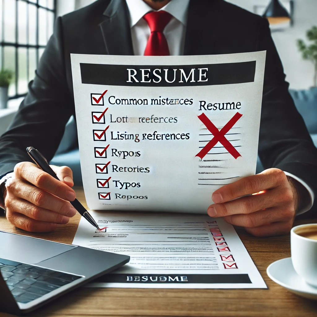 Person reviewing a resume with a red 'X' highlighting common resume mistakes, such as listing references and typos.