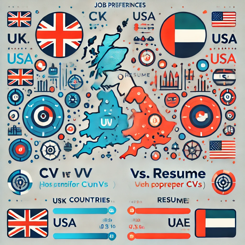 graphic showing the CV vs. resume preferences in the UK, USA, and UAE. It visually highlights the differences for each region.