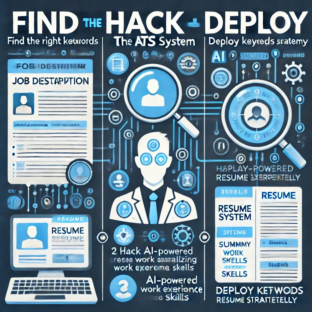 Infographic illustrating the 'Find, Hack, Deploy' keyword strategy for resumes. It includes three sections: finding the right keywords in job descriptions, optimizing resumes for ATS systems, and strategically deploying keywords in key resume sections.