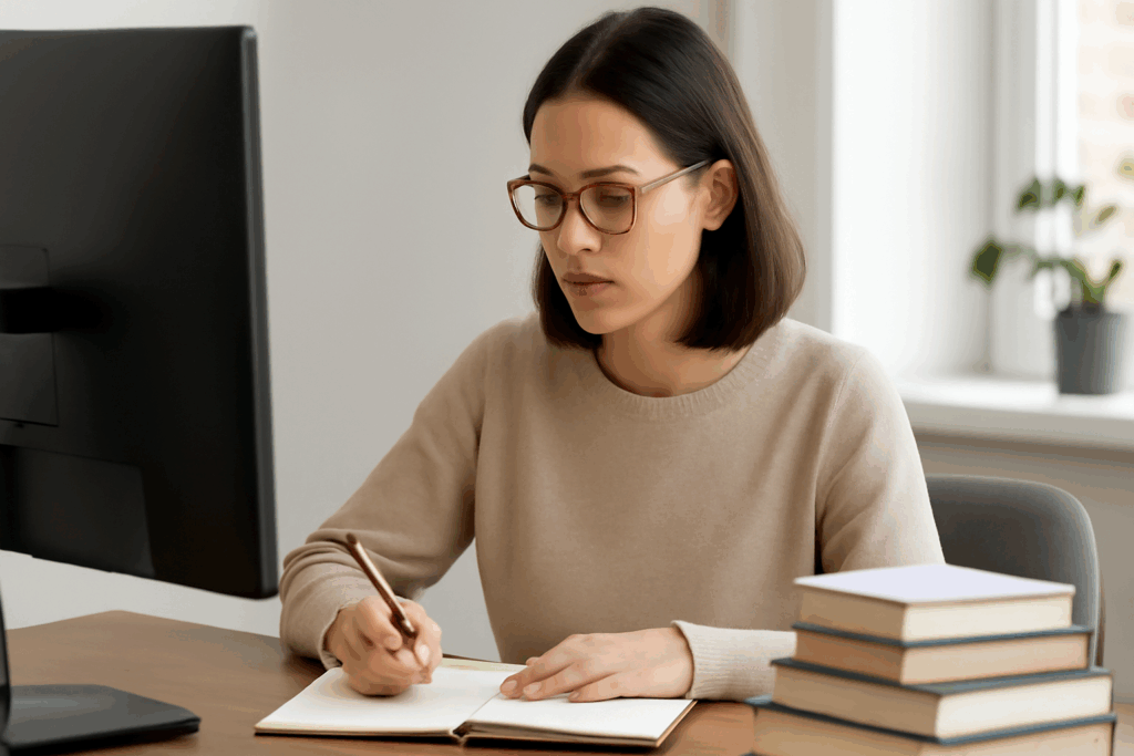 Young woman wearing glasses and a beige sweater, writing in a notebook at a desk with a desktop computer and a stack of books, representing Technical & Specialized Writing Services tailored to your industry in a bright office setting.