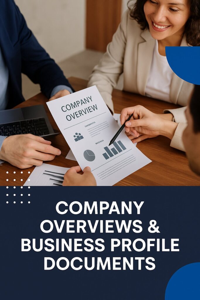 Professionals collaborating on company overviews and business profile documents to win clients and build trust