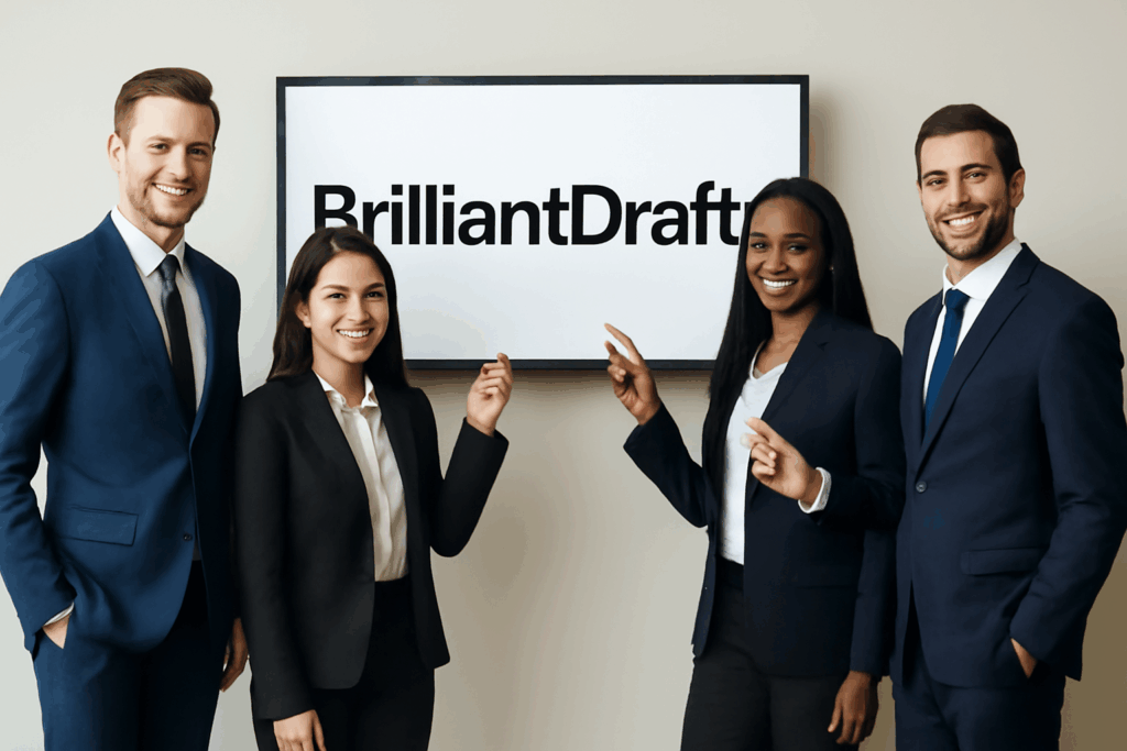 BrilliantDrafts team of four professionals, two males and two females, standing and pointing to a screen showcasing expert content writing, SEO, and business services.