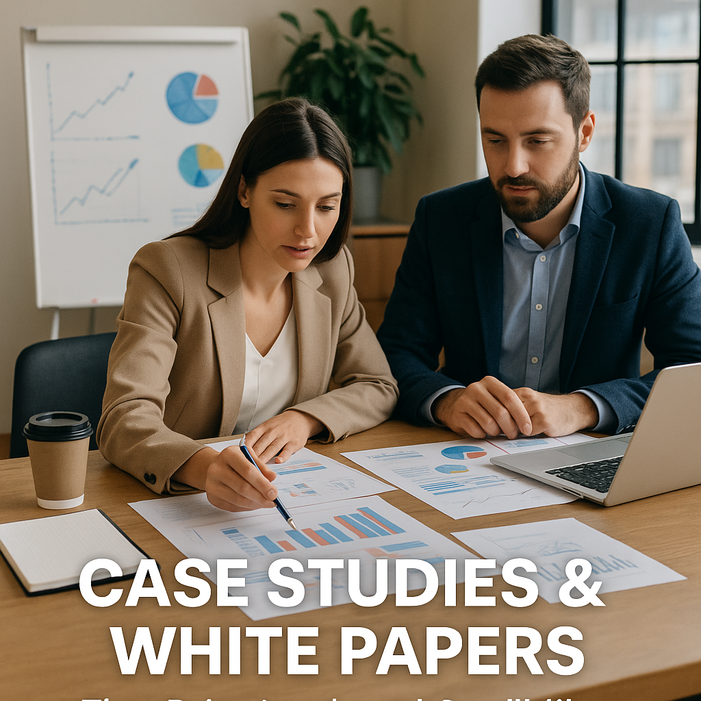 Professionals reviewing case studies and white papers to generate leads and build brand authority